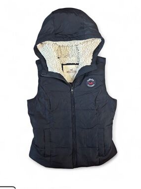 Y2K Hollister Navy Hooded Sherpa-Lined Puffer Vest